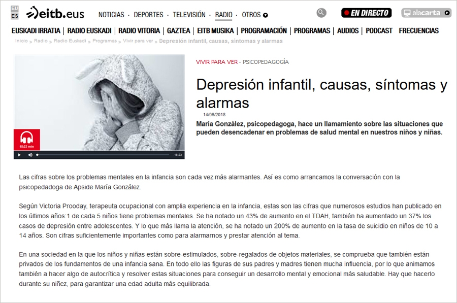 María González habla en Radio Euskadi sobre las causas de la depresión infantil