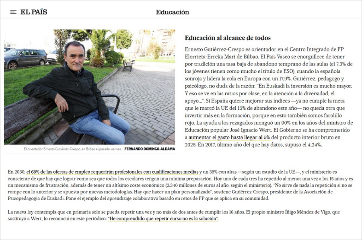 Ernesto Gutiérrez-Crespo, presidente de ApsidE, participa en un artículo de El País sobre la nueva ley de Educación
