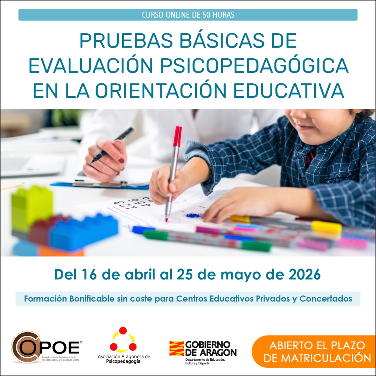 Curso online de COPOE &quot;Pruebas básicas de Evaluación Psicopedagógica en la Orientación Educativa”, del 16 de abril al 25 de mayo de 2026