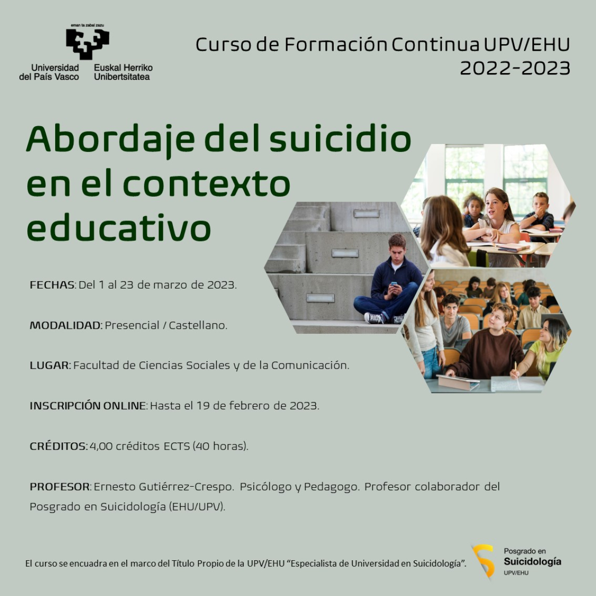 Curso &quot;Abordaje del suicidio en el contexto educativo&quot;, del 1 al 23 de marzo