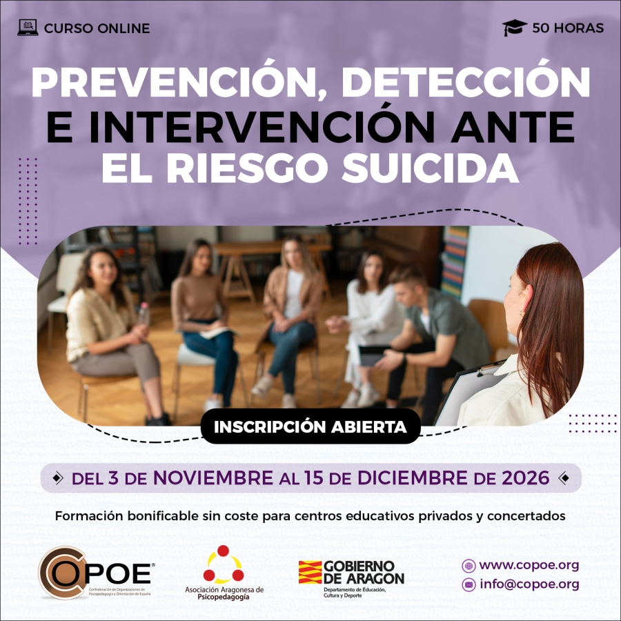 Curso online de COPOE "Prevenci&oacute;n, detecci&oacute;n e intervenci&oacute;n ante el riesgo suicida&rdquo;, del 3 de noviembre al 15 diciembre de 2026