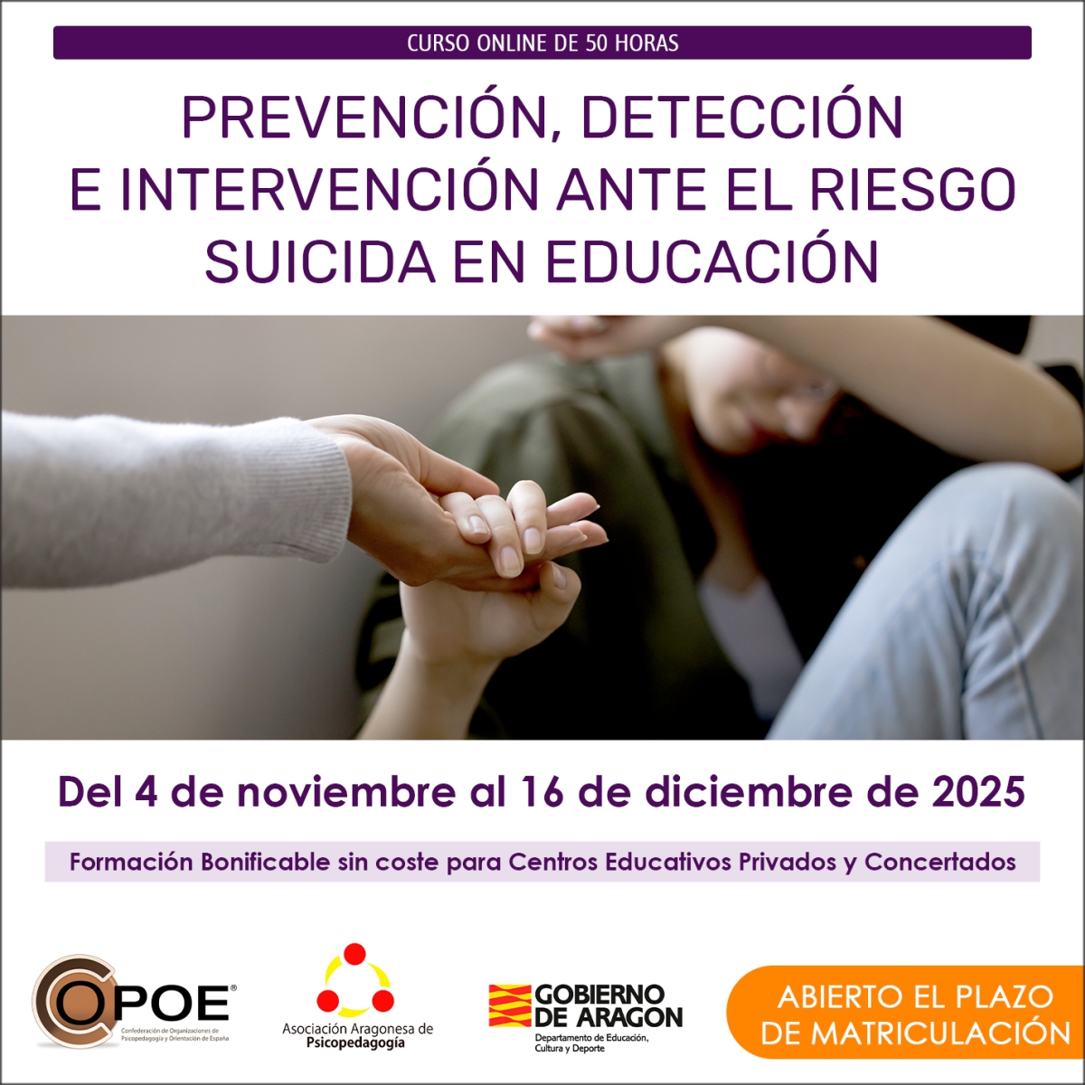 Curso online de COPOE &quot;Prevención, detección e intervención ante el riesgo suicida en educación”, del 4 de noviembre al 16 diciembre de 2025