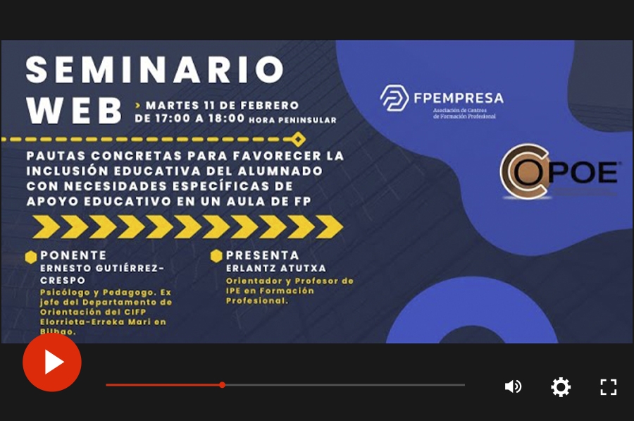 Vídeo del seminario web &quot;Pautas concretas para favorecer la inclusión educativa del alumnado con necesidades específicas de apoyo educativo en un aula de FP&quot;