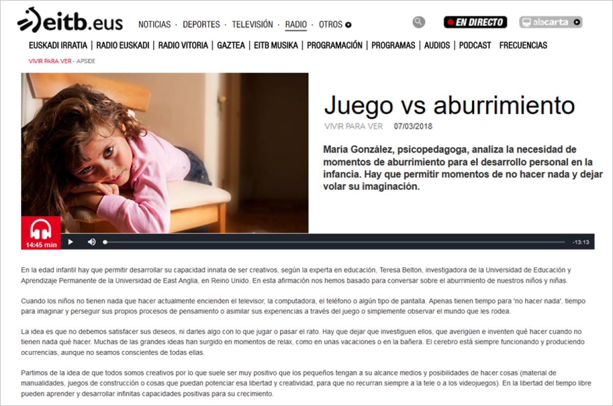 María González analiza en radio Euskadi la necesidad de momentos de aburrimiento para el desarrollo personal en la infancia