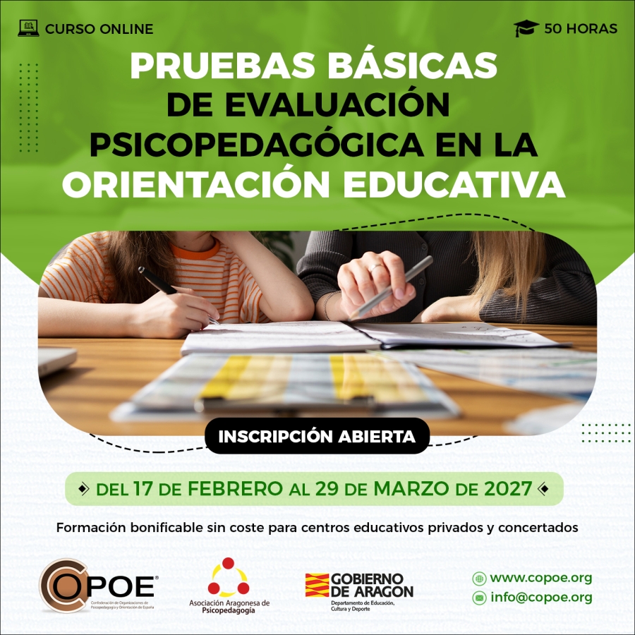 COPOEren online ikastaroa: "Ebaluazio psikopedagogikoko oinarrizko probak hezkuntza-orientazioan", 2027ko otsailaren 17tik martxoaren 29ra