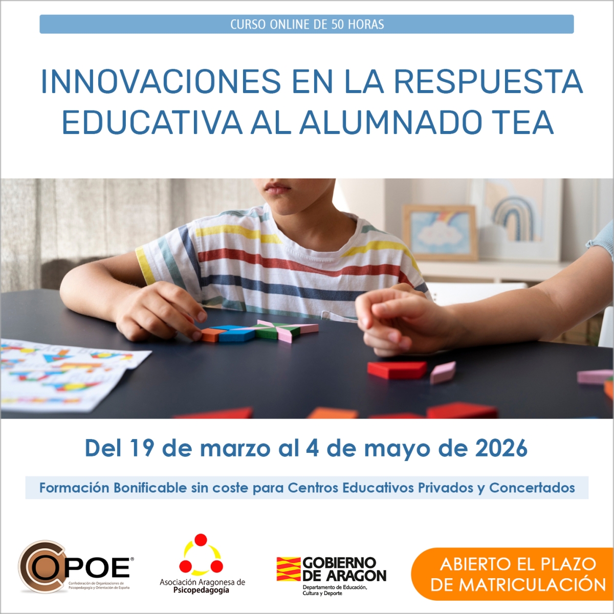 Curso online de COPOE &quot;Innovaciones en la Respuesta Educativa al Alumnado TEA&quot;, del 19 de marzo al 4 de mayo de 2026