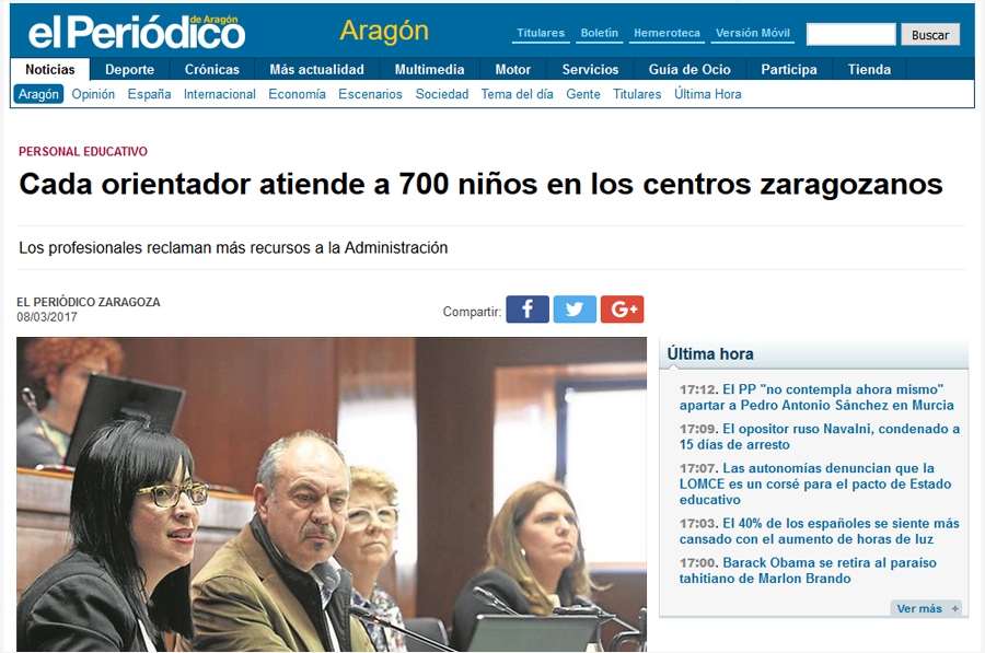 Representantes de AAPS comparecen en las Cortes de Aragón para informar sobre la situación de los Servicios de Orientación y la materia de Psicología