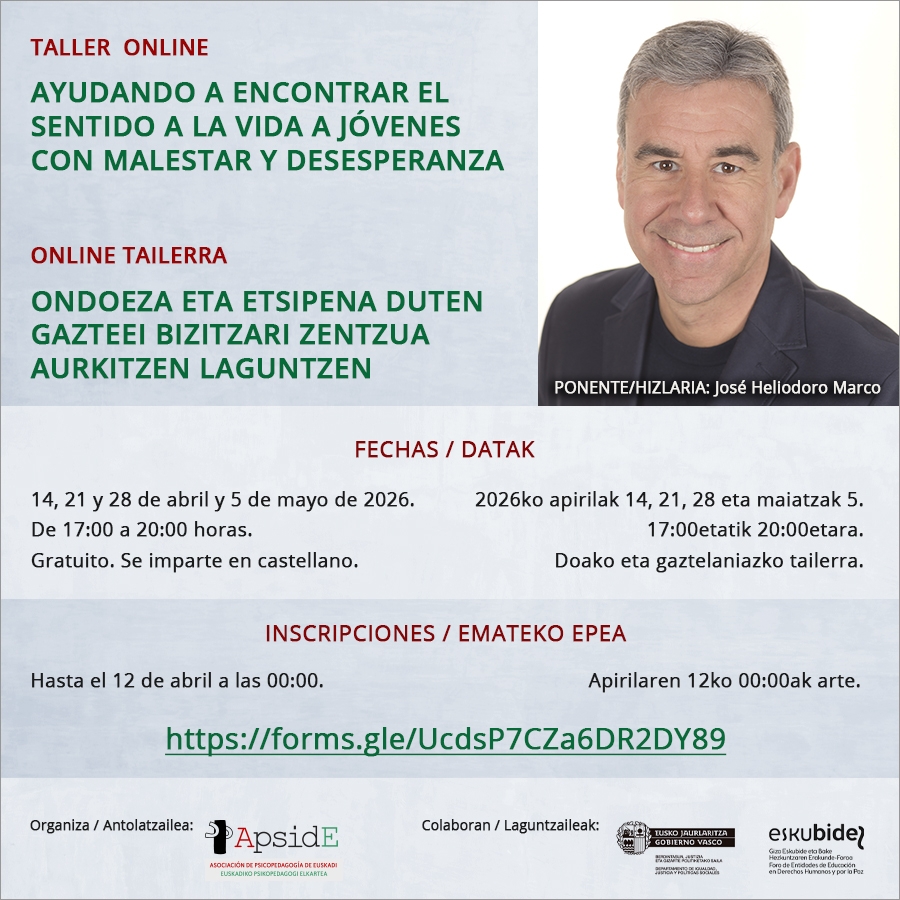 Doako online tailerra: "Ondoeza eta etsipena duten gazteei bizitzari zentzua aurkitzen laguntzen", 2026ko apirilak 14, 21, 28 eta maiatzak 5