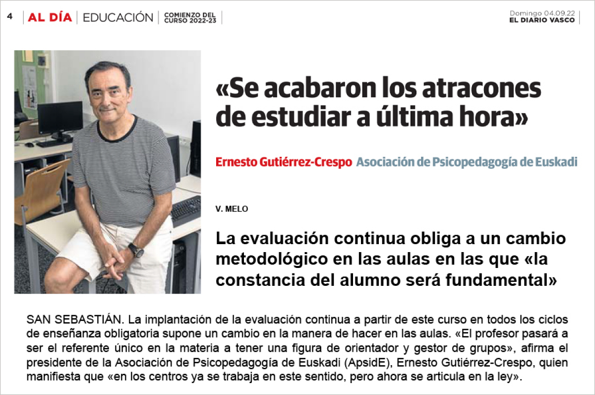 Reportaje sobre el inicio de curso y entrevista a Ernesto Gutiérrez-Crespo, presidente de ApsidE, en El Diario Vasco