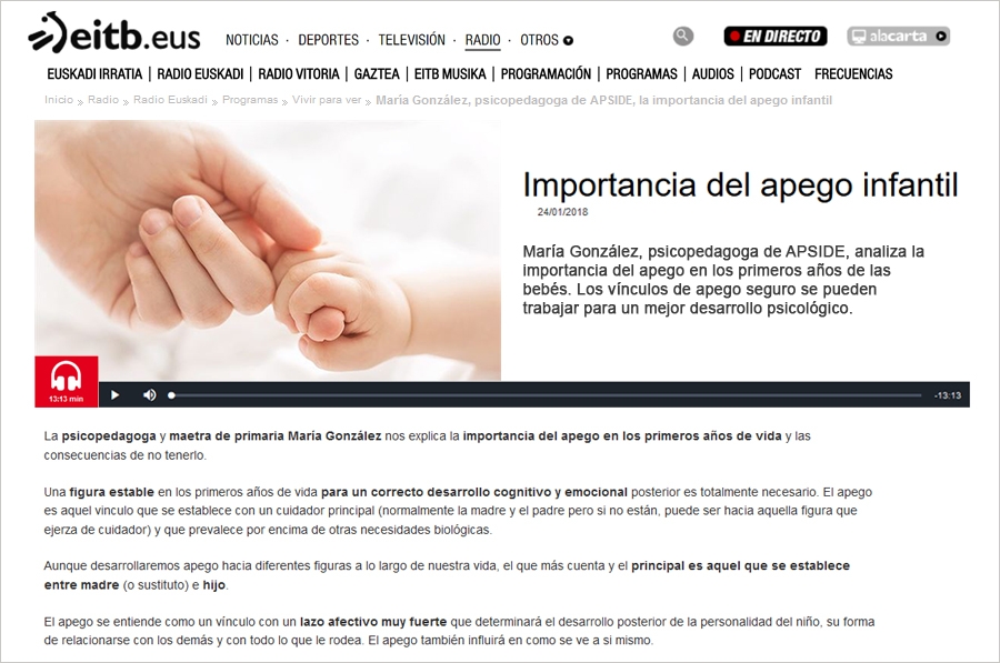La psicopedagoga María González, de ApsidE, analiza la importancia del apego infantil en radio Euskadi