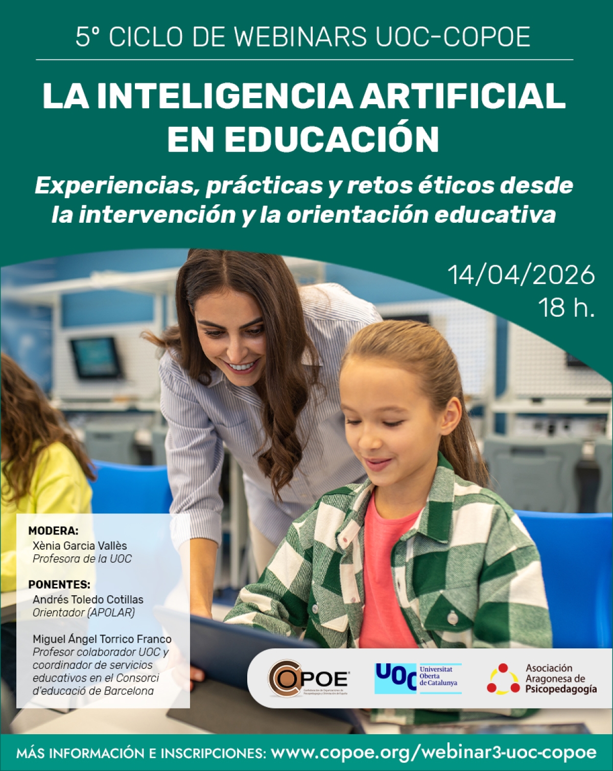 Webinar gratuito UOC-COPOE "La inteligencia artificial en educaci&oacute;n", el 14 de abril de 2026
