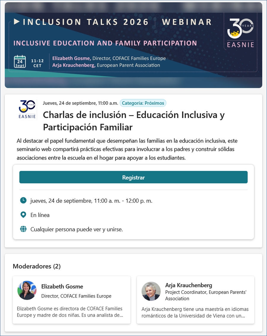 Webinar "Educación Inclusiva y Participación Familiar", 24 de septiembre a las 11:00 (CET)